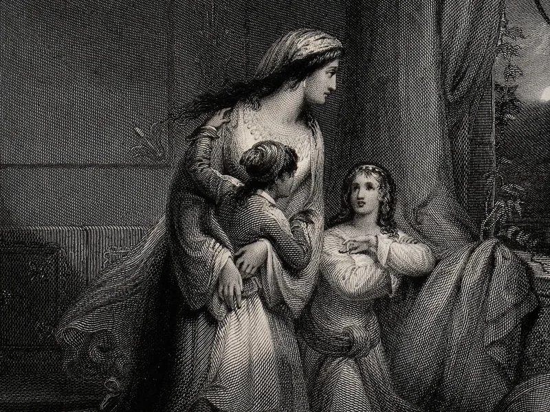 1787-Henry Corbould - A mother looking out of an open window, one child clings to Wellcome V0038769